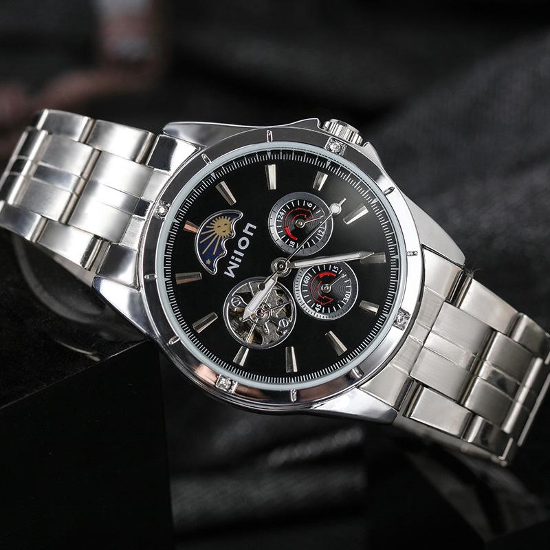 Мужские полностью автоматические механические часы Business Retro Hollow Three-Glow Multifunction Steel Band Men s Watch gray Various wearables