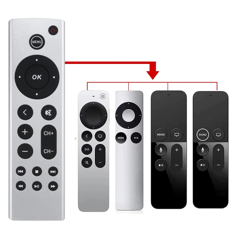 For Apple TV Remote Control 4K / HD A2169 A1842 A1625 Without Voice(Silver) SUNSKY