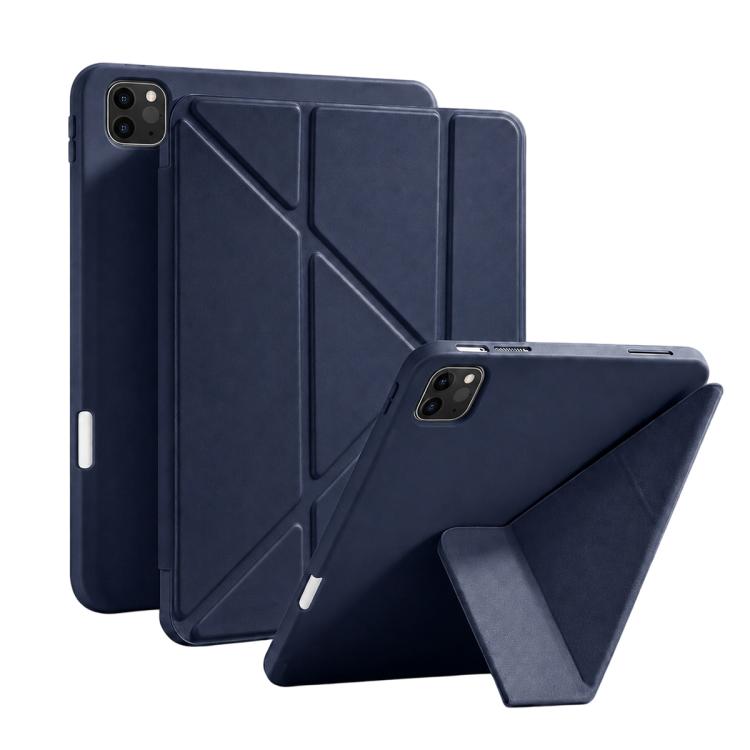 For iPad Pro 11 2022 / 2021 XDcase Y-fold Holder Silicone Back Cover Smart Tablet Leather Case with Pen Slot(Dark Blue)