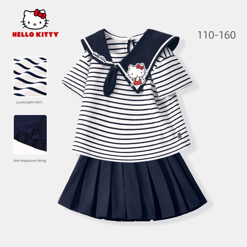 Летний наряд для девочек Hello Kitty 2025 Новый в полоску с коротким рукавом плиссированная юбка преппи стиль детский морской костюм Solid Ultramarine Blue + Solid Navy Blue 110 gray TAOMall