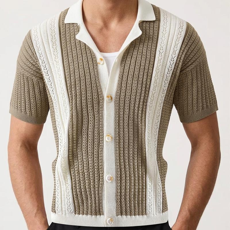 Mens Color Block Knit Short Sleeve Lapel Button Cardigan Shirt S дубильная кора Zuo Chen Clothing