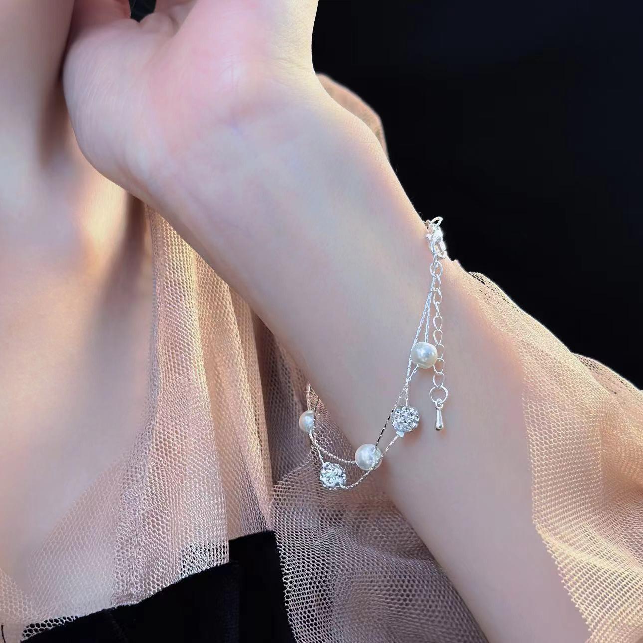 Korean Gypsy Double-Layer Frosted Bracelet Pearl Bracelet Women S Light Luxury Delicate Girlfriend Bracelet gray More Car Parts