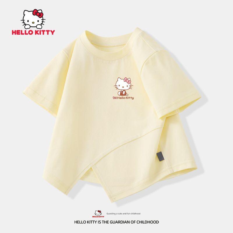Летний костюм Hello Kitty для девочек с коротким рукавом, летняя мода 2025, новый стиль, модная летняя одежда для девочек и детей постарше, джинсы Diseated Rose K Goose Yellow 160 beige TAOMall