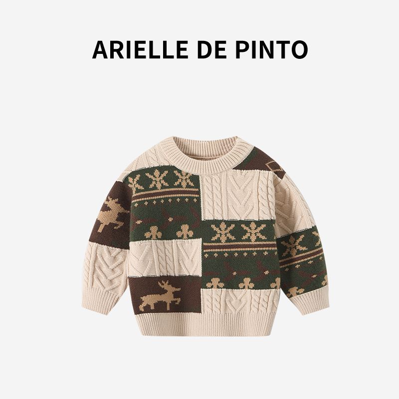 French Arielle De Pinto Kidsren s Sweater Autumn and Winter Versatile Boys  Color-Blocked Twist Deer Knit Sweater Apricot color 90 beige TAOMall