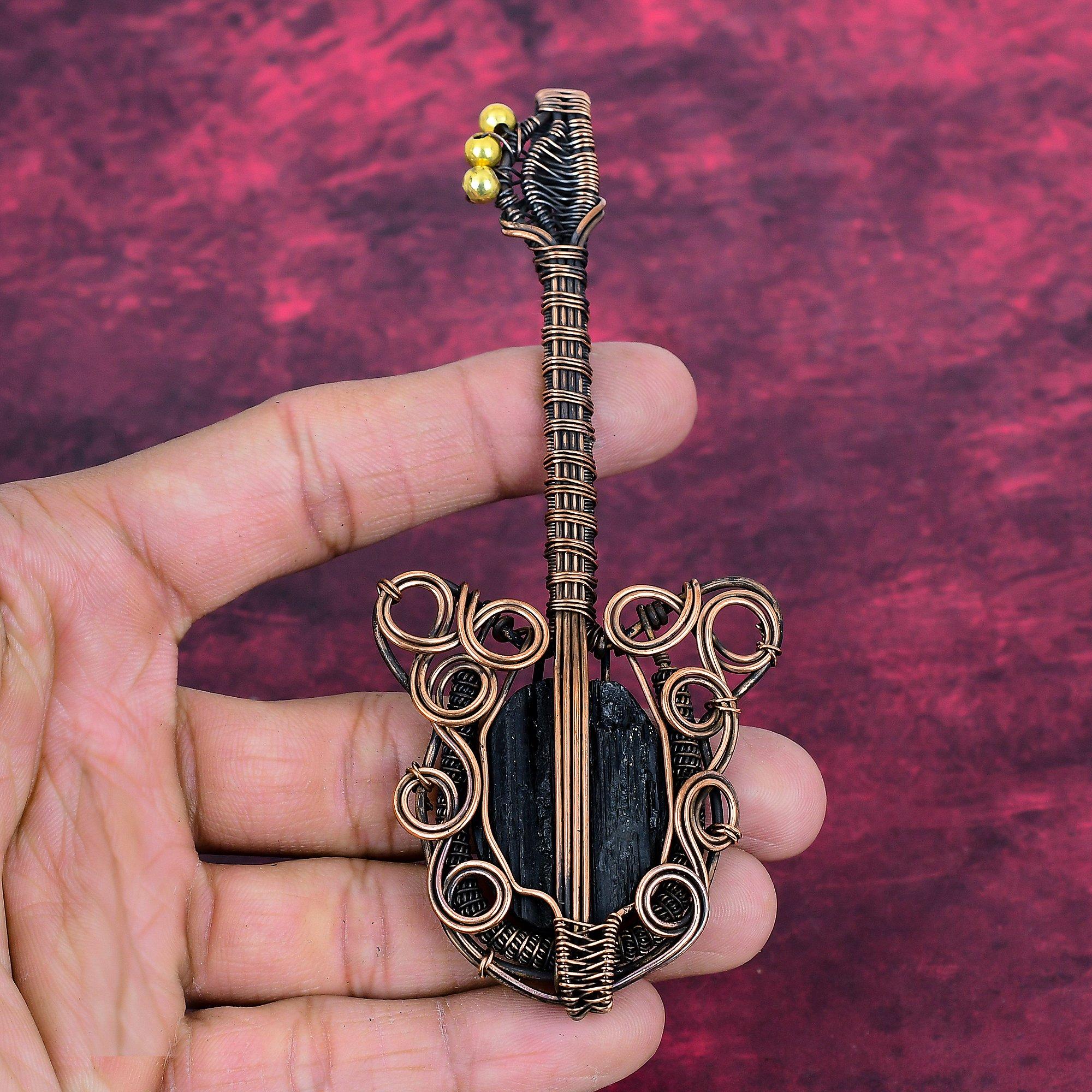 Black Tourmaline Rough Gemstone Pendant Guitar Copper Wire Wrapped Unique Pendant pink Wire Wrapped Jewelry