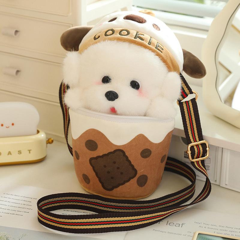 Cute Cute Milk Tea Dog Bag Puppy Doll Plush Toy Teddy Dog Doll Girl Messenger Bag Rag Doll 25cm（0.25kg） beige Prettiest Time