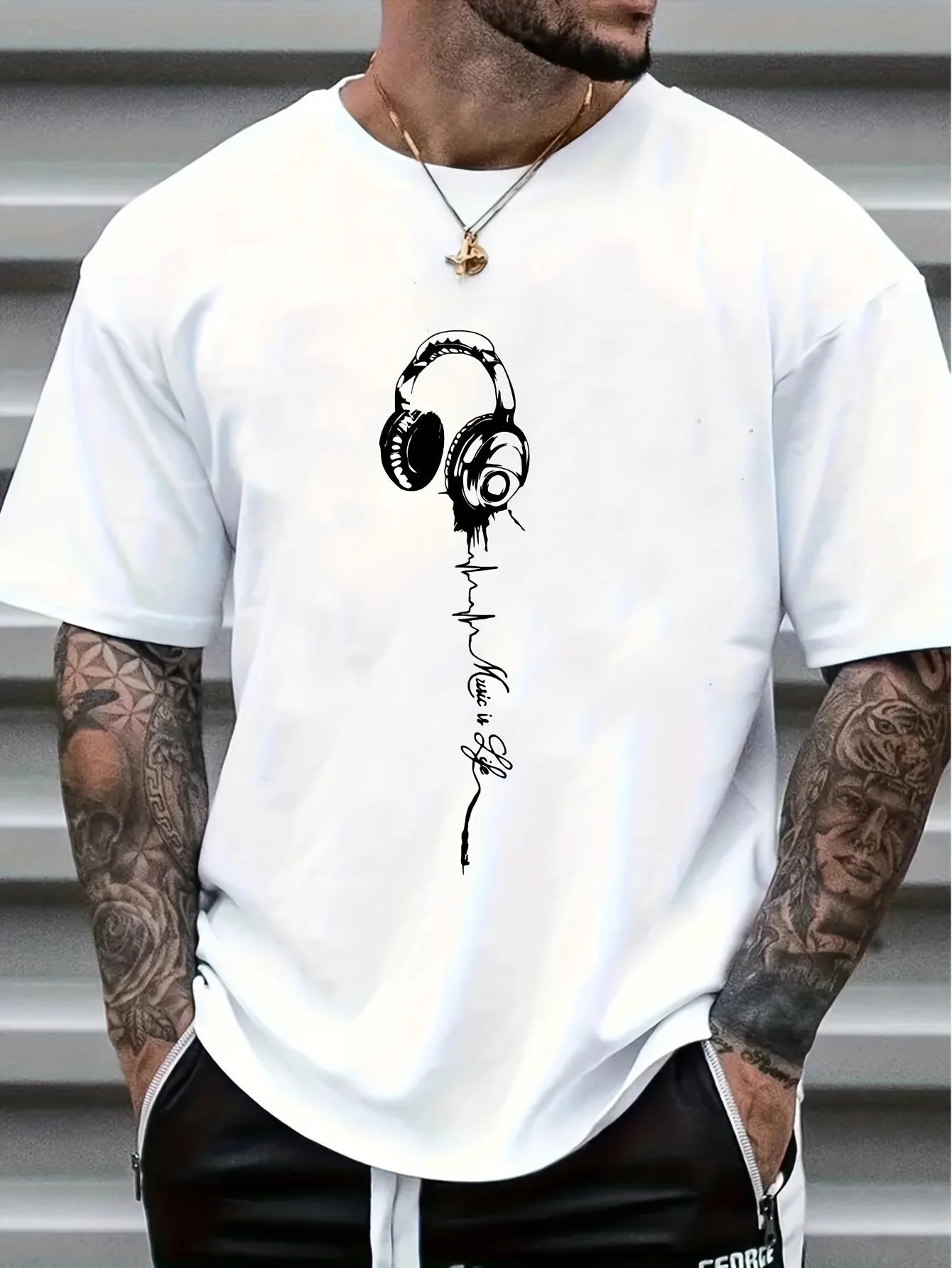 Mens Summer Earphones with Letter Print Breathable and Comfortable Round Neck Tshirt Outdoor Sports and Leisure Tops Tees S gray GUOYAN TOP