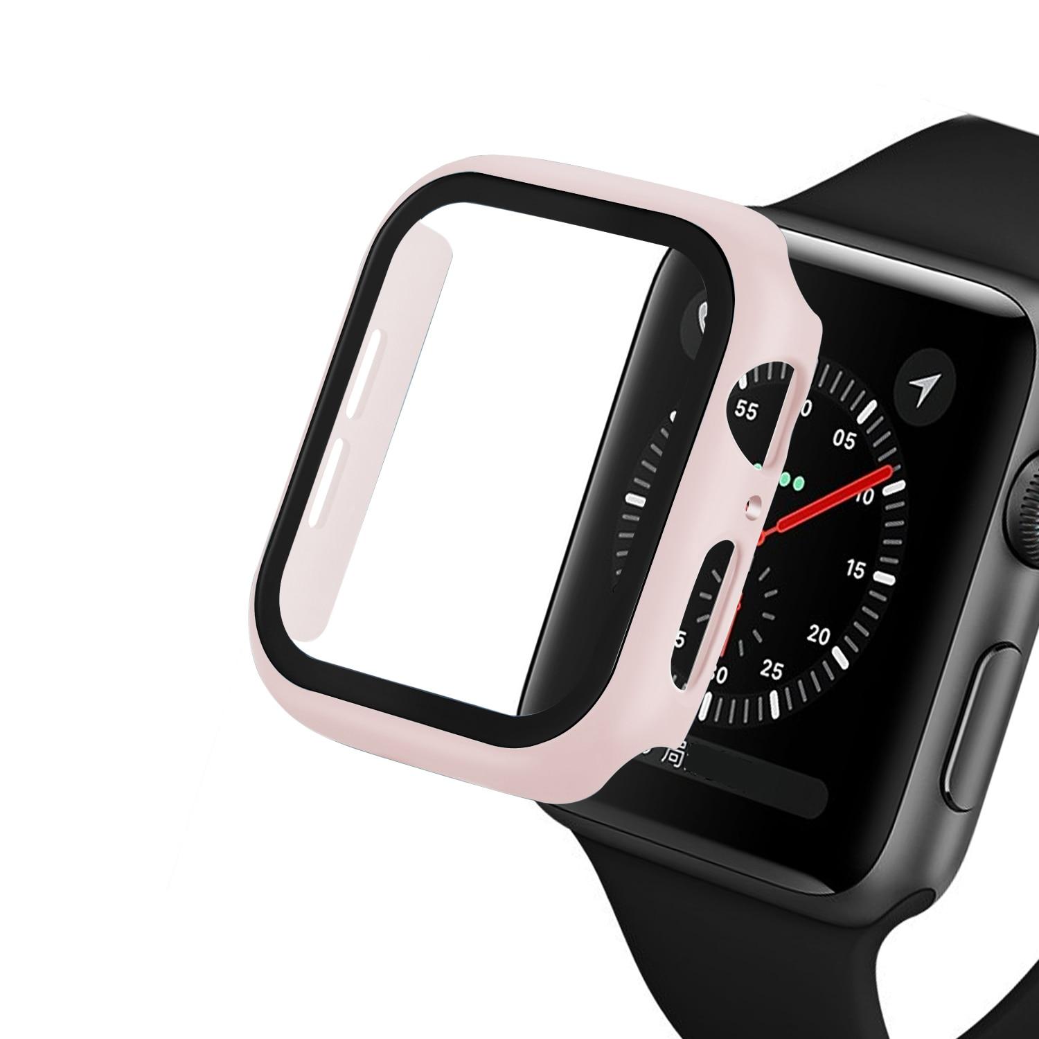 Стекло+чехол для Apple Watch серии 6 5 4 3 SE 44 мм 40 мм чехол для iWatch 42 мм 38 мм защитный бампер для экрана+чехол аксессуары для Apple Watch Series 4 5 6  44MM светло-розовый Uav parts center