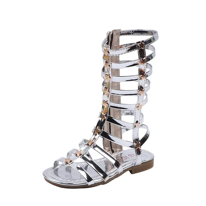 Детские ботинки Rivet Cool Boots для девочек, высокие туфли Barrel Star с открытым носком в римском стиле, летние новые сандалии для студентов 2024 года, элегантный темперамент 26 серебряный Walkway Wonders