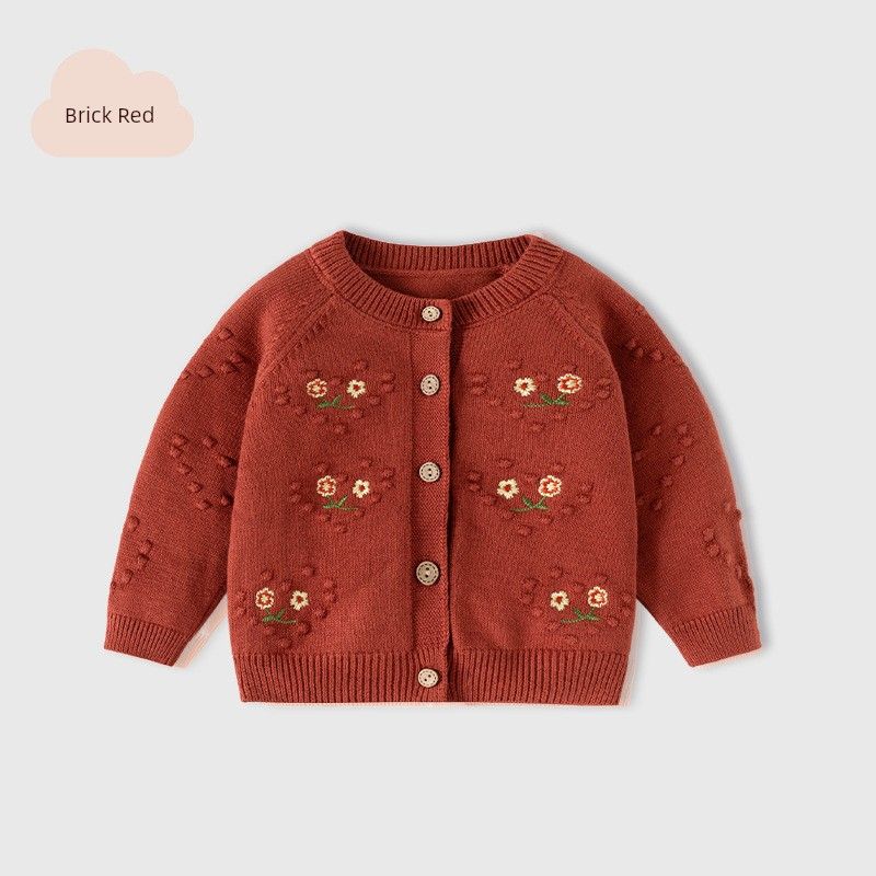 Love Embroidered Girls  Sweater New Year s Clothing Autumn and Winter Children s Clothing Kidsren s Cardigan Outwear Baby Girl Long-Sleeved Knitwear Brick Red-Bd946 80 cm brown TAOMall