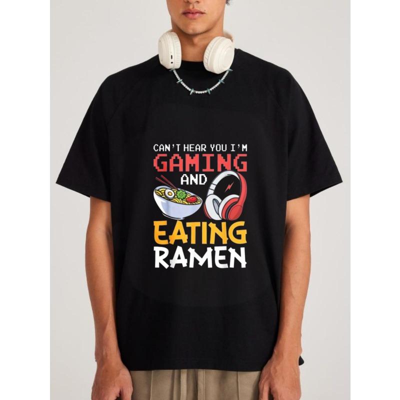 Белая футболка с круглым вырезом с графикой  Gaming and Eating Ramen  (Игры и поедание рамена), с наушниками и миской лапши. Повседневная одежда для геймеров и любителей еды S чёрный WesBestop