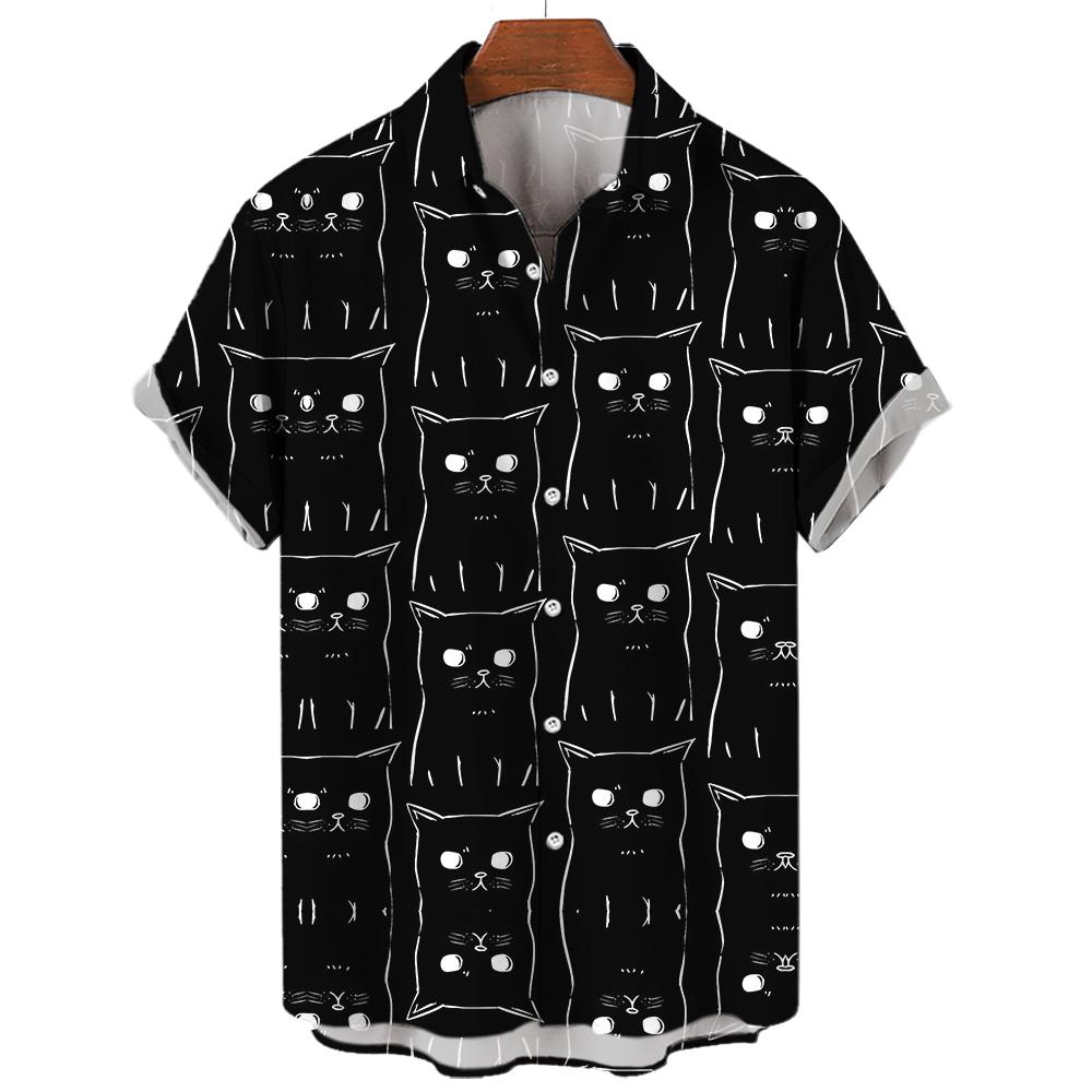Men s Hawaiian Collar Shirt 3D Printing Short Sleeve Cute Cat Casual For Men Clothes Harajuku Floral Blouse S black Trendy Frontline