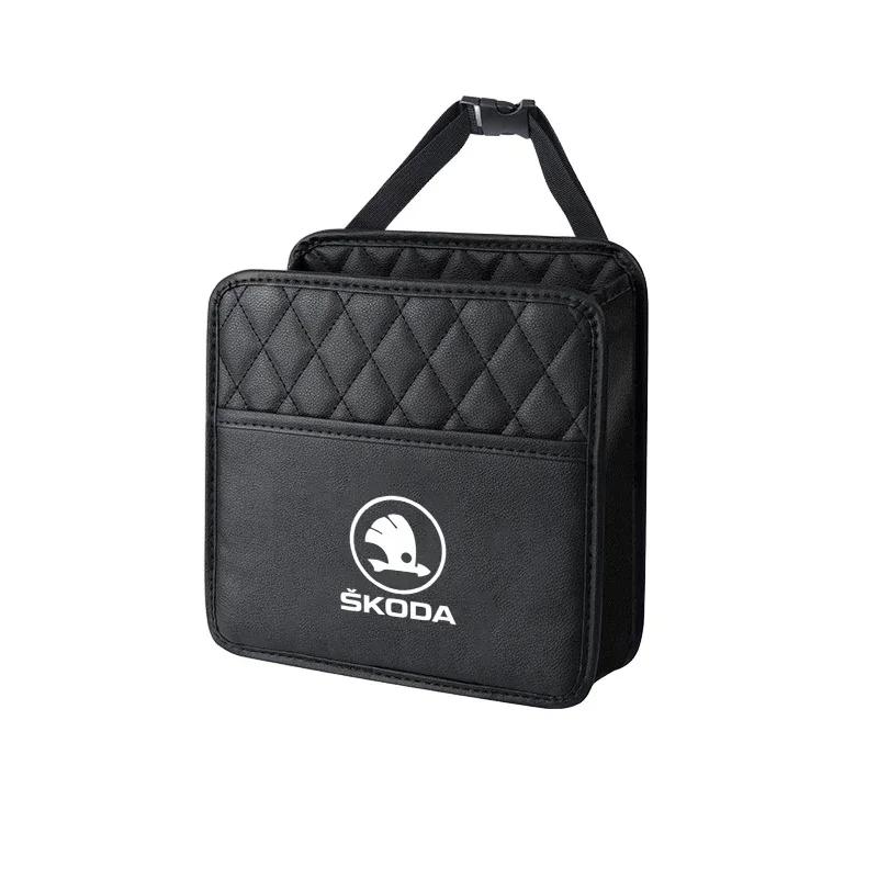 Leather Car Seat Storage Bag Chair Back Water Cup Tissue Box For Skoda Rapid Kodiaq Karoq Fabia Kamiq MK3 Roomster Enyaq For Skoda black hfablasf