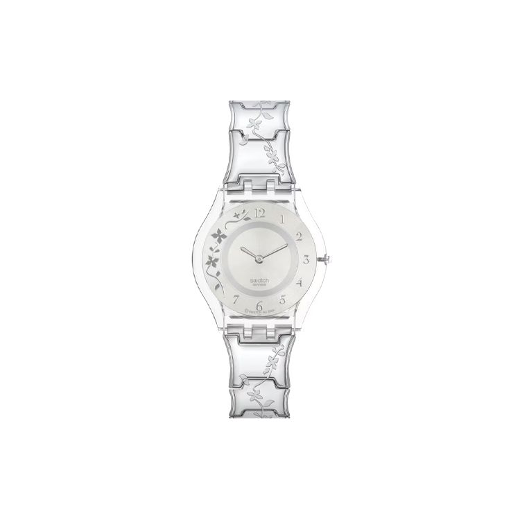 Swatch Quartz Movement 30M Water Resistant Watch 34Mm Silver Dial Resin Plastic Case Stainless Steel Strap Women watches SFK300G Silver white
