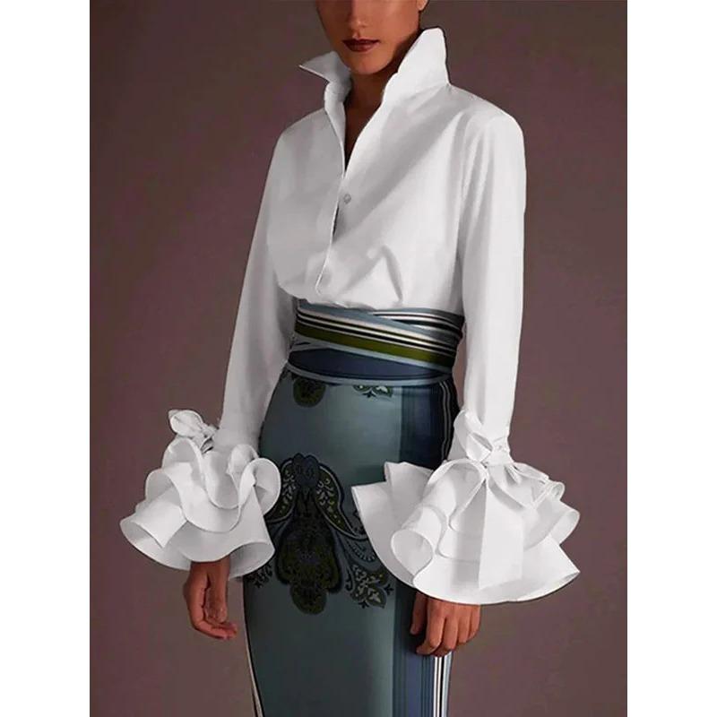 JKASHDK Женская мода Повседневная весна-осень Однотонный принт Длинный рукав Воротник-поло Блузки и рубашки S белый