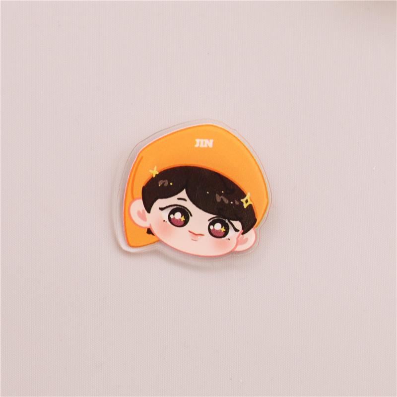 BTS Cute Cartoon Head Acrylic Brooch, Bangtan Boys Cartoon Pin Badge, Kpop ARMY Fans Backpack & Clothing Accessory JIN orange