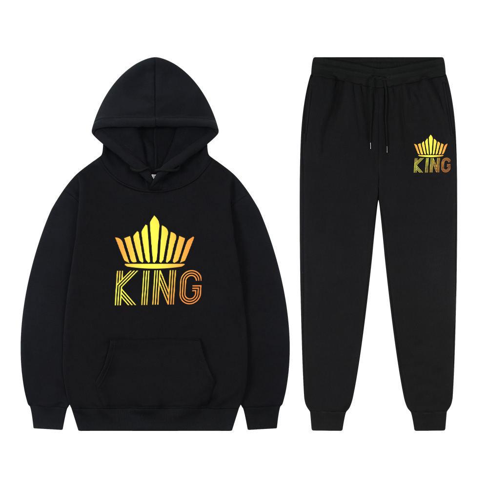 Флисовые толстовки для пар с принтом King Queen, осенний толстый свитшот, комплект из двух предметов, спортивный костюм унисекс, повседневные спортивные штаны S black Boutique sports suit series 2