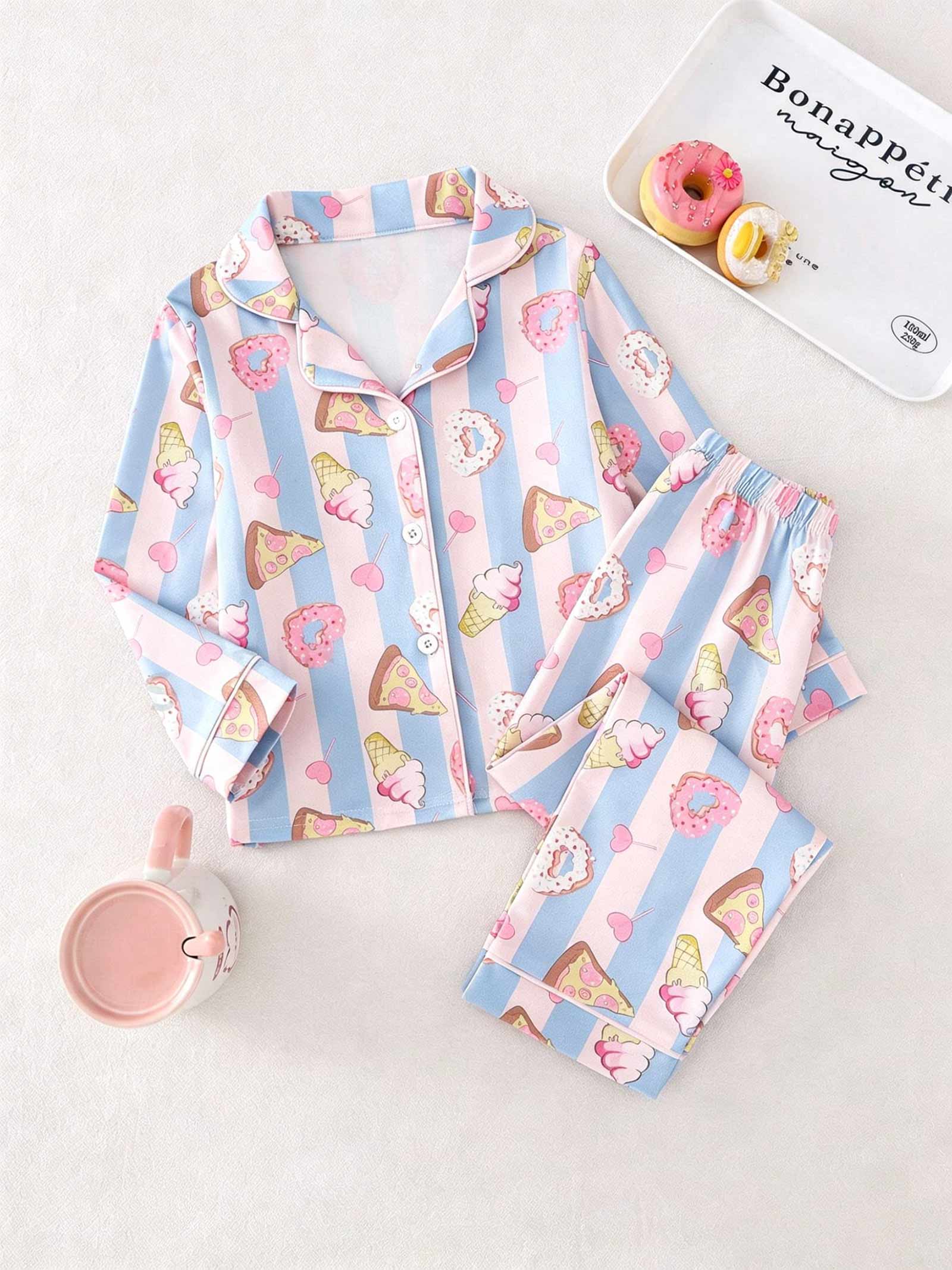 Girls Pajamas Set, Cute Donut Pizza Print Button Down Long Sleeve Sleepwear, Soft Loungewear for Kids 4-7 Years 4Y разноцветный Littlestar Kids