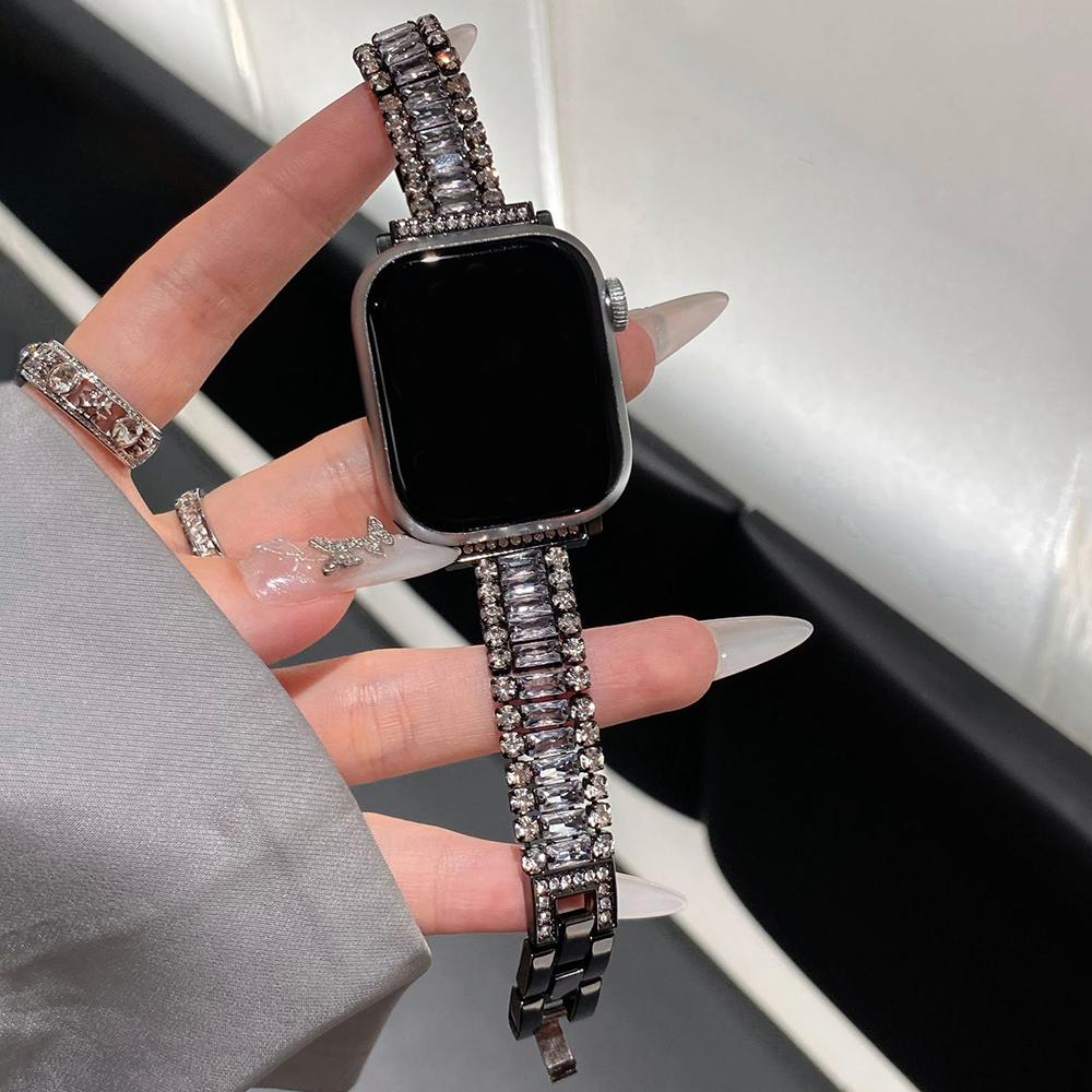 Роскошный металлический ремешок с бриллиантами для Apple Watch 11 10 46мм 45мм 44мм 42мм 41мм 40мм Женский блестящий браслет из нержавеющей стали для IWatch Серии 9 8 7 6 SE 38mm 40mm 41mm чёрный Correa Top