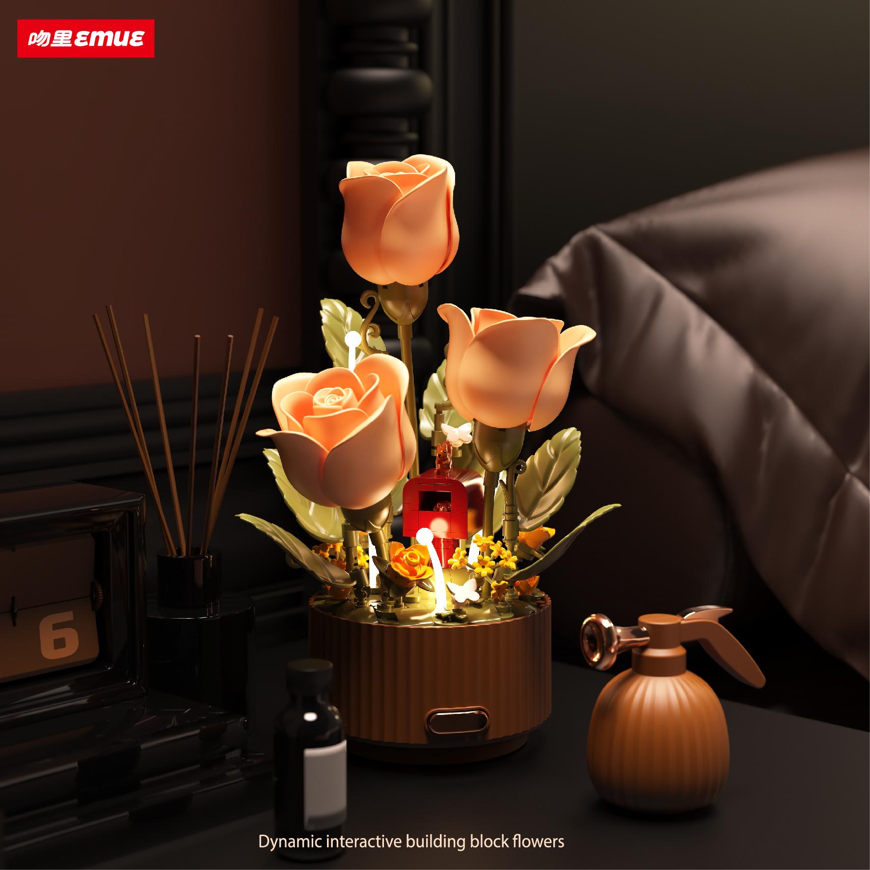 Dynamic Building Block Flower Electric Assembly Rose Bouquet Fairy Atmosphere High-end Decoration For Girl Handmade Wedding Gift With Gift Box brown YiLiang
