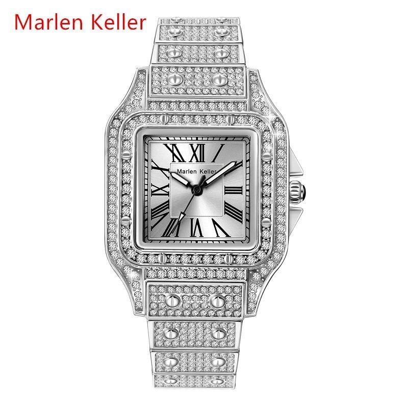 Винтажные Женские Часы с Римскими Цифрами Золотые Iced Out Квадратные Кварцевые Наручные Часы с Бриллиантами Водонепроницаемые Светящиеся Роскошные Часы для Женщин серебряный/белый BINGER