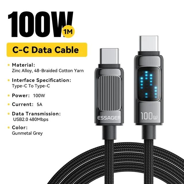Кабель Essager 100 Вт USB Type C к USB C для Xiaomi Samsung PD 5A, кабель для быстрой зарядки Macbook iPad Pro, планшета, ноутбука, проводной шнур 1m серый