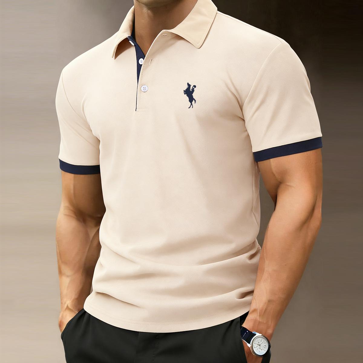 Men s Polo Shirt-Casual 3button collar, color-blocked cuffs, moisture-wicking golf polo shirt—soft, skin-friendly, perfect for summer wear L бежевый Unique Style