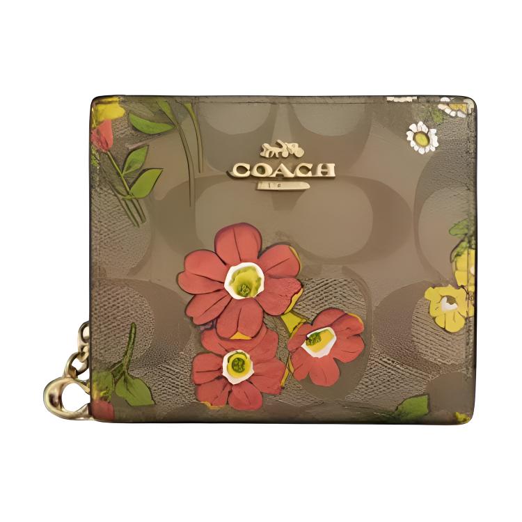 Coach Кошелек на кнопке 11 Цветочный принт Логотип Застежка на кнопку Фирменный покрытый холст Гладкая кожа Держатель для карт Женские кошельки CR939-IME7V Gold & Khaki & Multicolor brown