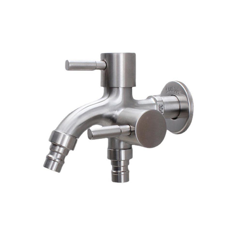 Stainless Steel Double-outlet Garden Faucet Rust-proof Antiseptic Washing Machine Faucet Durable Garden Water Tap Outdoor gray Clock-Mall