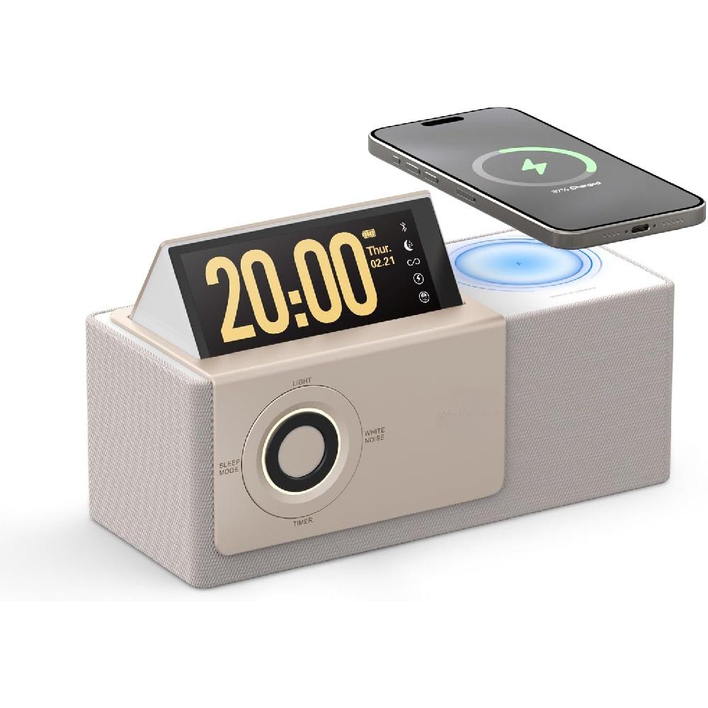 7-в-1 Bluetooth-колонка, беспроводная зарядная станция, умные часы с откидным ЖК-дисплеем, лампа заката и белый шум для сна, аккумулятор 4000 мАч бежевый Bobo Life