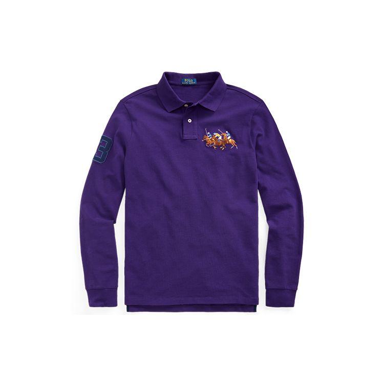 Polo Ralph Lauren Custom Slim Fit Three Pony Logo Long Sleeve Polo Shirt Men tops Purple MNPOKNI16821-453 S blue