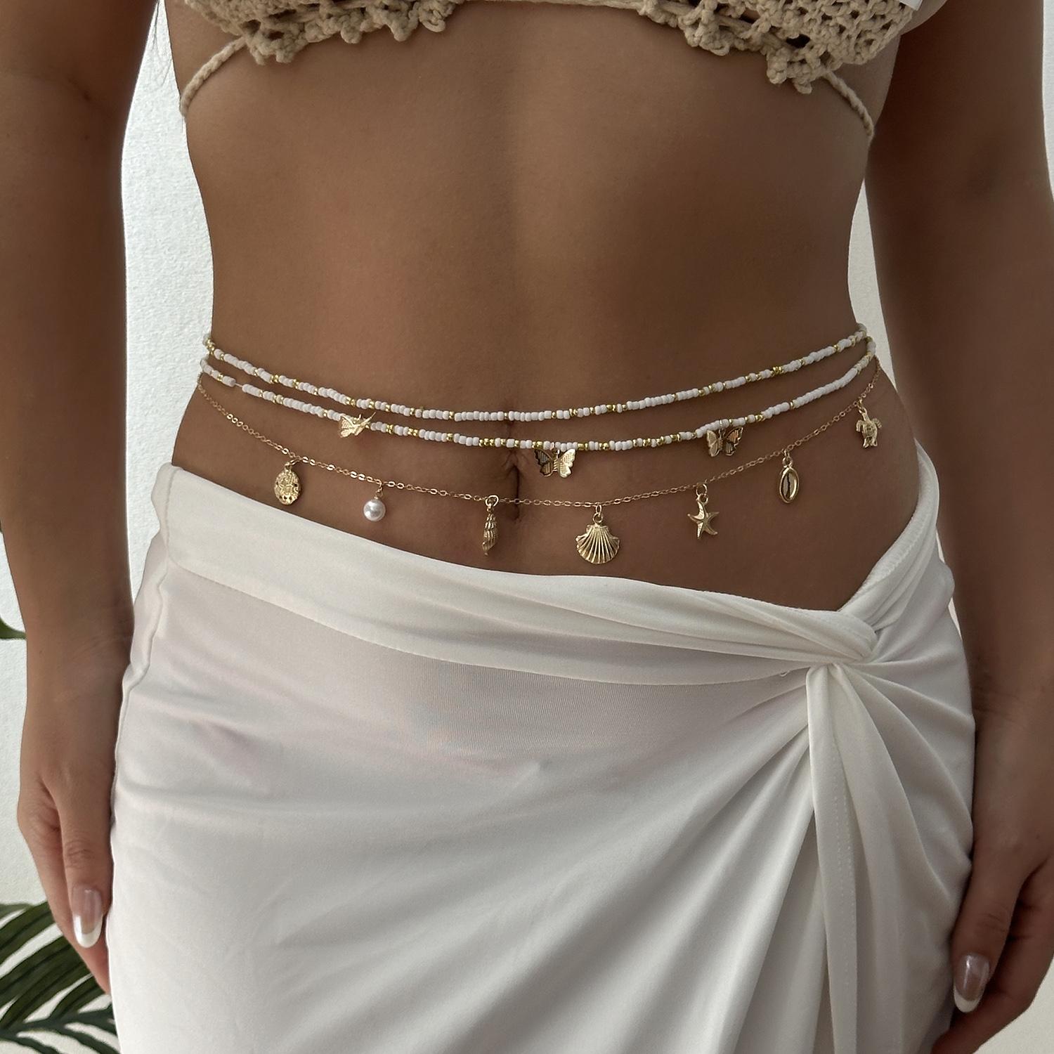 3Pcs Boho Beaded Waist Chain Set for Women Gold Color Starfish Shell Butterfly Belly Jewelry Summer Beach Bikini Accessories brown Good Household Items