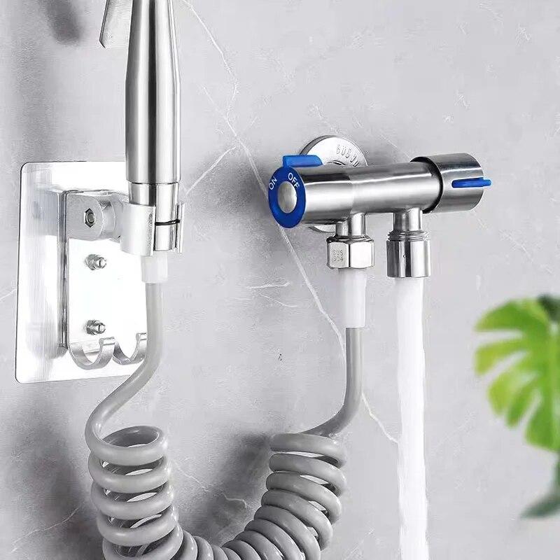 Stainless Steel Hot Cold Inlet Valve Toilet Double Handle Stainless Steel Cold Water Faucet Bathroom Washing Machine Faucet Silver gray Rainbow Rain