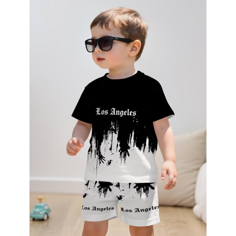 New summer splatter graffiti print top + matching shorts: children s casual streetwear. 110 black AIIA
