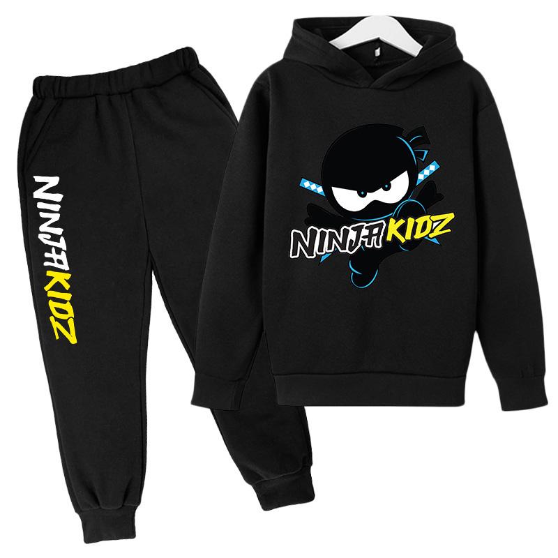 Толстовки с капюшоном для мальчиков и худи для девочек NINJA KIDZ Детский повседневный пуловер Весенние и осенние детские худи и спортивные штаны Костюм-двойка 100 black MINISO Clothing
