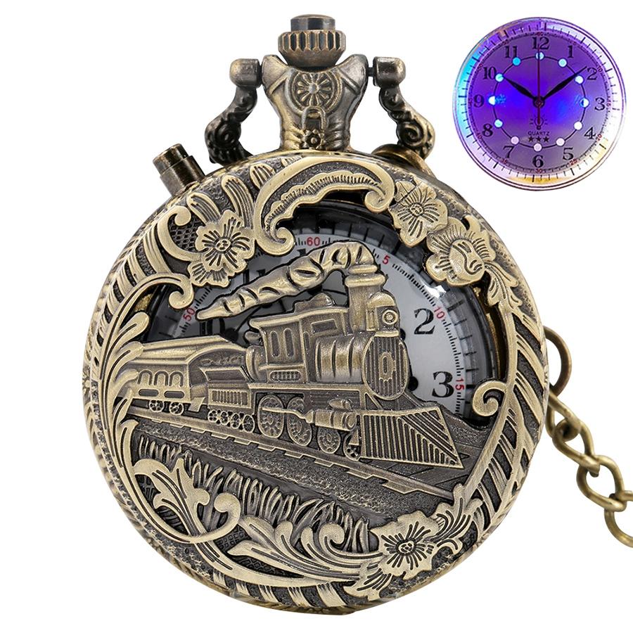 Светящиеся светодиодные кварцевые карманные часы Hollow Train Locomotiv Engine Steampunk Quartz FOB Light Watches для мужчин и женщин beige Lemo Nade