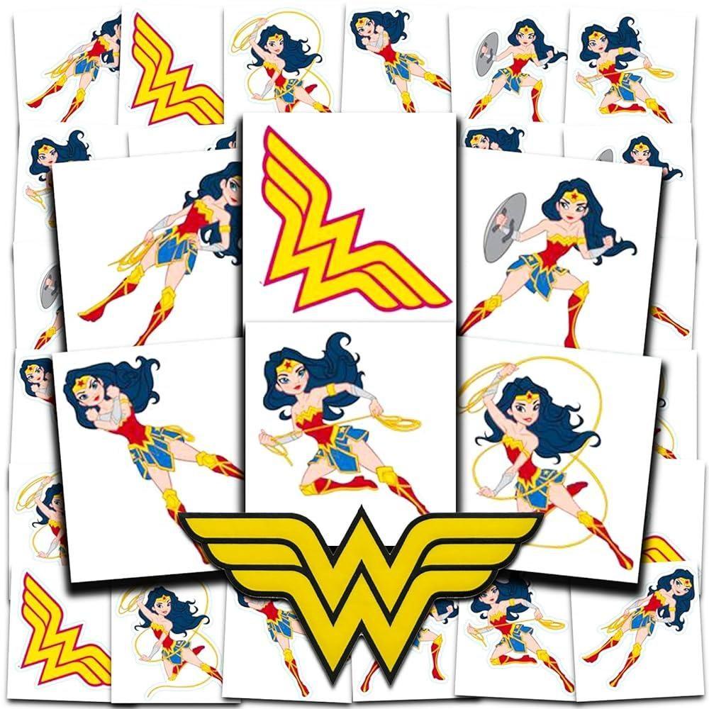 Подарочный набор для вечеринки с татуировками Wonder Woman ~ 72 перфорированных индивидуальных временных татуировки 5,1 x 5,1 см для детей, мальчиков и девочек (Чудо-принадлежности) 180377 yellow BeautyGlam