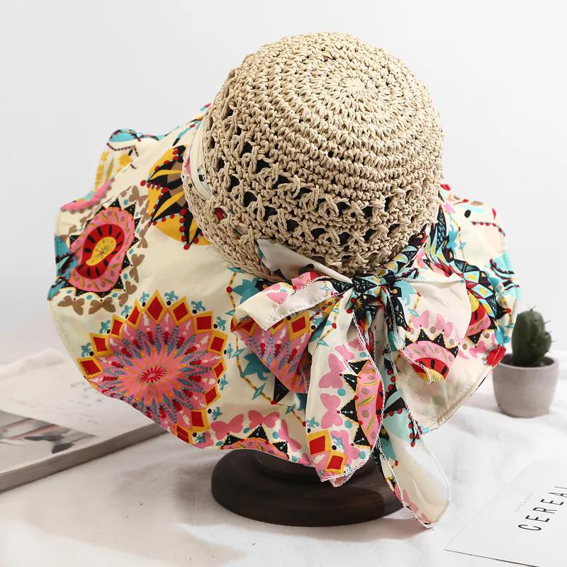 WTEMPO Printed Bow Cool Hollow-out Sun Hats Retro Elegant Summer Beach Sunscreen Hats Wide Brim Foldable Multifunctional Large Hats 1pc бежевый