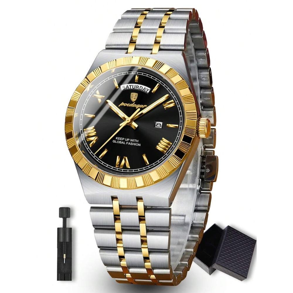 POEDAGAR 1pc Men s Stainless Steel Classic Business Week Date Quartz Watch ,Waterproof Luminous Man Wristwatch,Men Gift чёрный/золотой