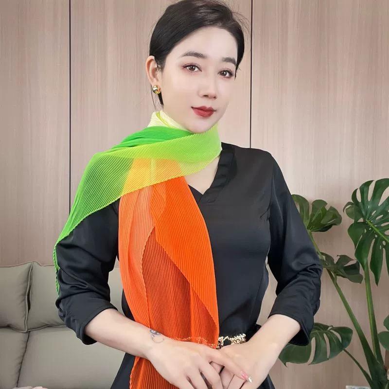 New Rainbow Gradient Pleated Scarf Summer Fashion Colorful Multifunctional Women s Scarf Versatile Square Dance Scarf 135cm orange Scarf shawl