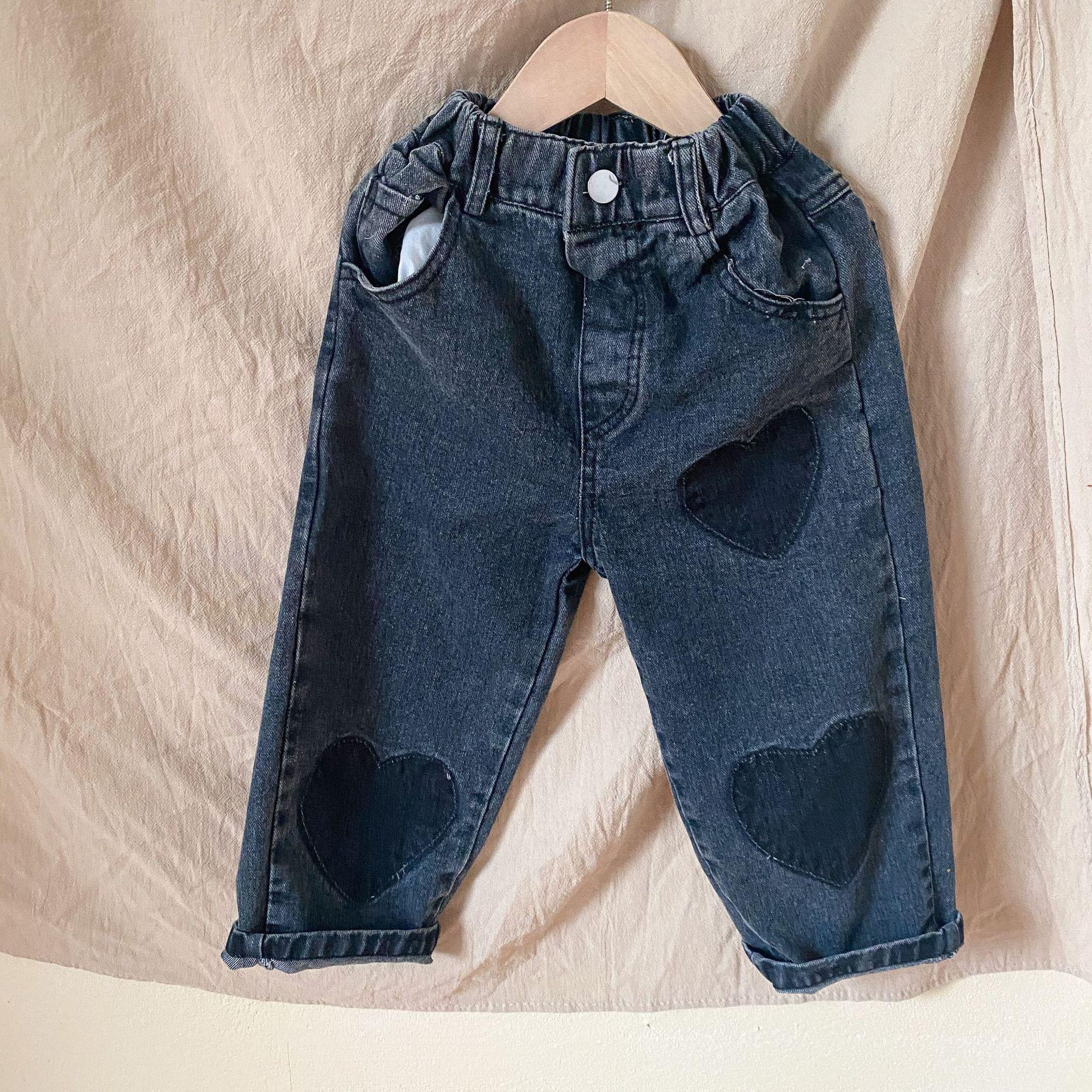 Весенние джинсы с нашивками Love для девочек, детские повседневные брюки с карманами в стиле ретро для мальчиков, свободные детские хлопковые брюки, джинсовые брюки для малышей 80 чёрный WTEMPO
