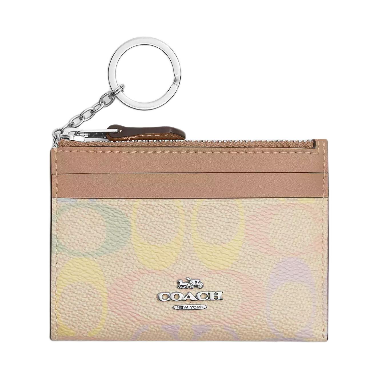 Coach Тонкий ID-кейс на молнии с переключателем,Signature, Покрытие из холста, Искусственная кожа, Держатель для карт, Мини-держатель для карт для женщин, Многоцветный, CDF92-SVSAS Multicolor gray
