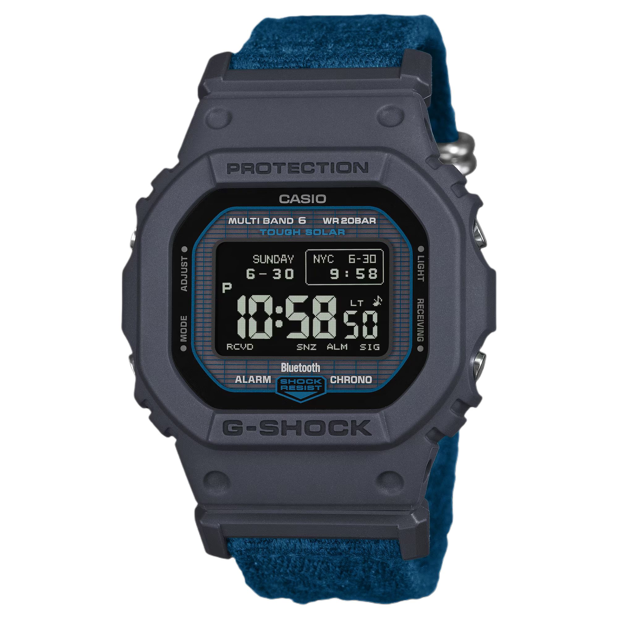 Casio 5600 Series 200M Waterproof Bluetooth Connection Mobile Finder Solar Quartz Movement Leather Fabric Strap Men watches Black GW-BX5600CBG-2 Blue Strap gray
