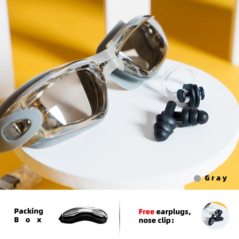 Professional Swimming Goggles with Earplugs Nose Clip Electroplate Water Repellent Silicone Adults серый ddffd1