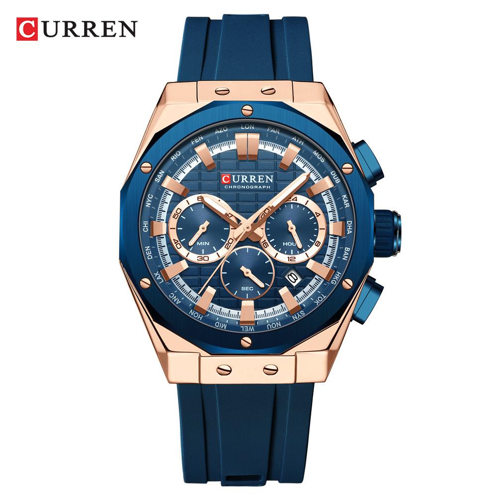 CURREN 8464 Мужские кварцевые часы Календарь Модные Многофункциональные Водонепроницаемые Силиконовые Люминесцентные Повседневные Деловые Часы Спортивные Мужские Наручные Часы синий