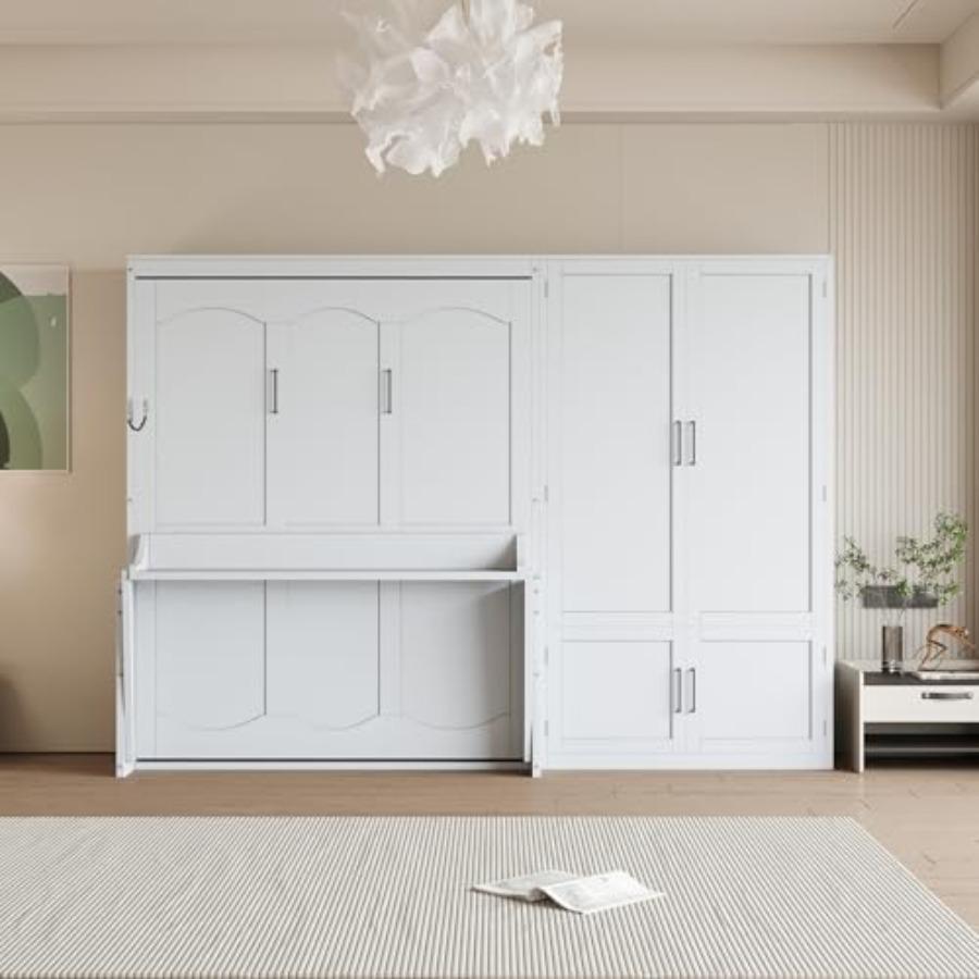 Кровать-шкаф Murphy Bed, размер Queen Size, настенная кровать со встроенным шкафом для хранения и гидравлической подъемной системой, деревянная скрывающаяся платформа для кровати white Seahorse Home