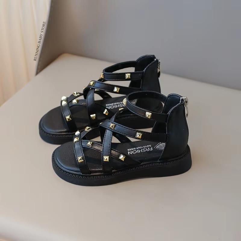 Summer Roman Sandals Girls Gladiator Boots High Top Fashion Princess Party Shoes Platform Rivets Kids Girl Beach Shoes 21 чёрный Manufactory Shoes
