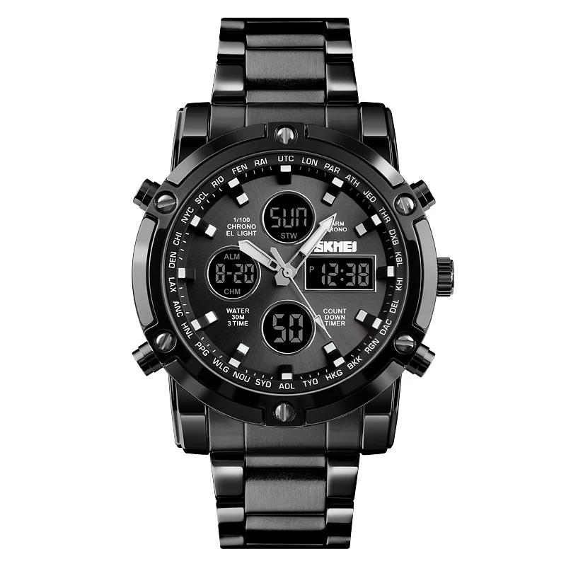 Skmei 1389 3atm Water Resistant Stainless Steel Watch Reloj Mens Fashion Wristwatch 3 Time Analog Digital Quartz Watch for Men Skmei 1389 gray QINGLONG GOODS