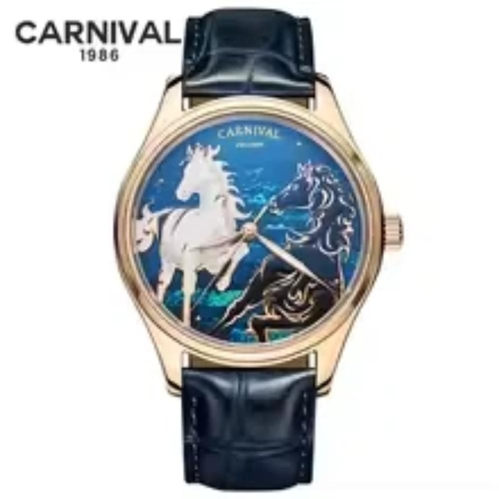 CARNIVAL Автоматические часы с циферблатом-лошадь Мужские Роскошные Топ-бренд Механические мужские часы Кожа Сапфировое стекло Механизм MIYOTA золотой/синий Precision Mechanical & Quartz Watches