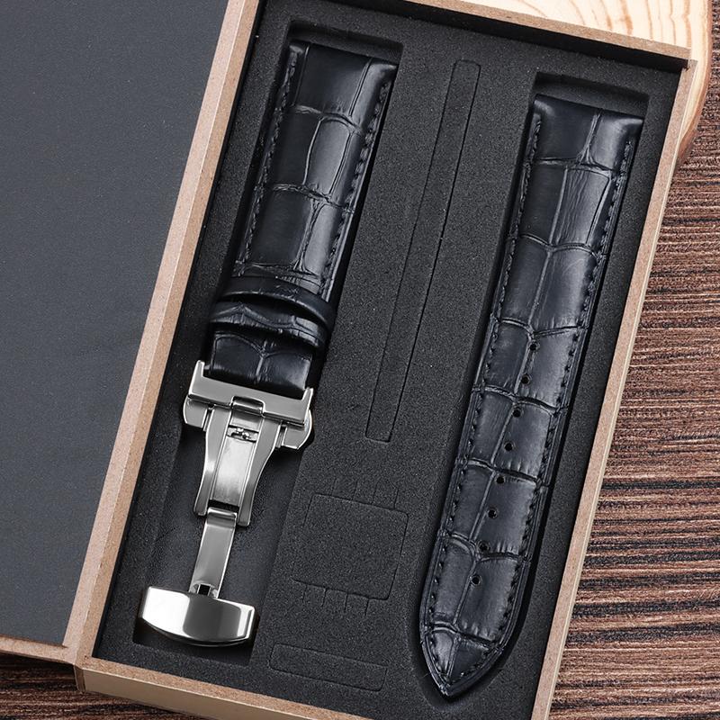 Ремешки для часов из натуральной коровьей кожи с коробкой WatchBand 4 мм 16 мм 18 мм 20 мм 21 мм 22 мм 24 мм Наручный ремешок Ремень Застежка-бабочка Браслет для часов 16mm black BY-house